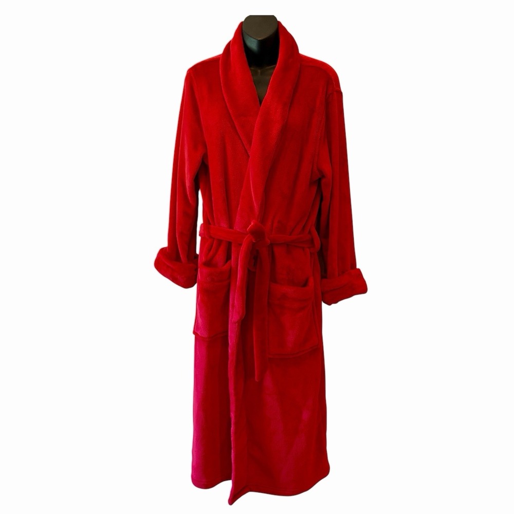 Lands End Cozy Plush Long Wrap Robe Belt Red Patch Pockets Soft Womens M 10-12